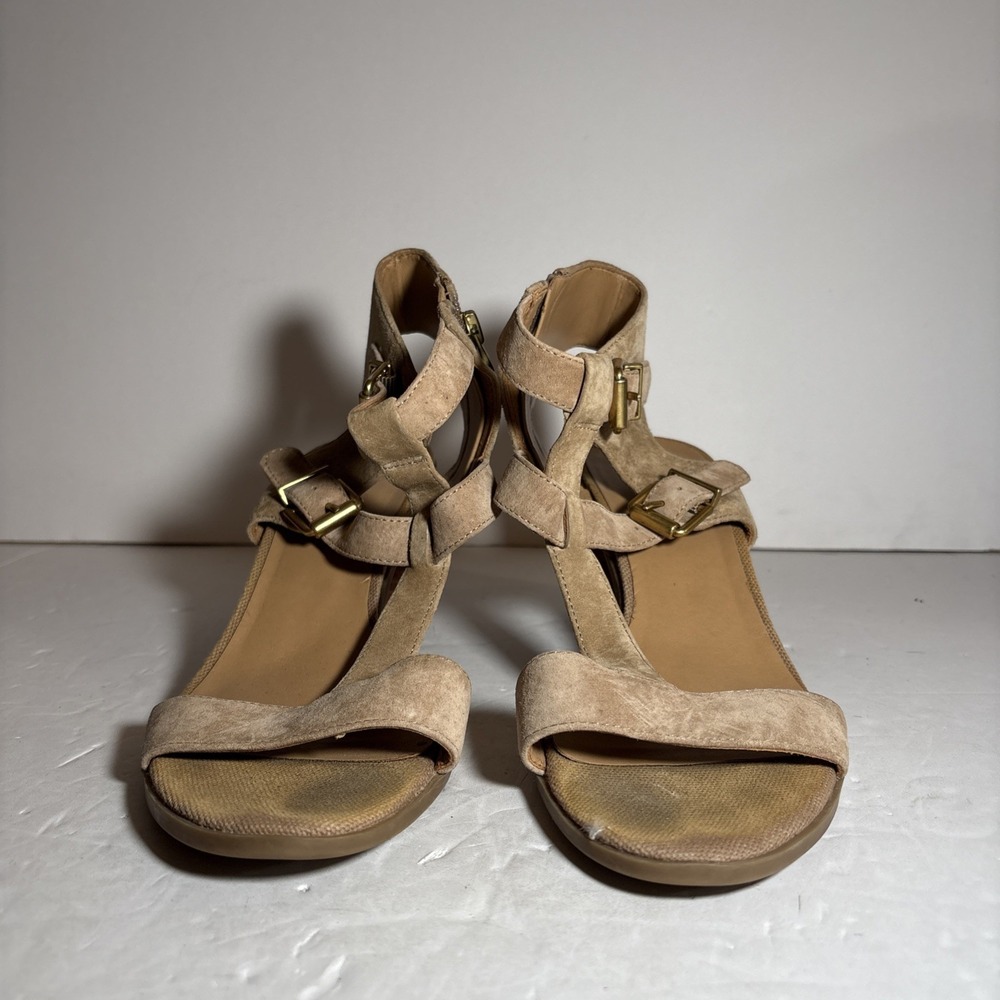 Franco Sarto Tan Suede Zip Block Heel Strappy Sandal Size 8.5M